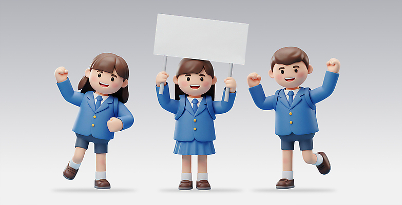 전신 PSD 편집이미지 학생 여자 남자 교복 청소년 책가방 3D캐릭터 미소 들기 세명 친구 3D 파이팅 팻말 다리들기 십대만 카피스페이스 편집3D 캐릭터 옷 가방 관계 모션 프레임 표정 사람 공백 디지털합성 파일형식