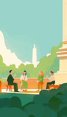 전신 PSD 나무 여자 남자 생각 의자 일러스트 대화 앉기 빌딩 여러명 성인 초록색 햇빛 모임 사회 광장 의견 참여 성인만 국내일러스트 식물 컬러 가구 다수 모션 말하기 사람 건물 태양 공동체 파일형식