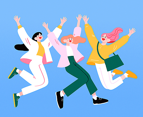 전신 여자 일러스트 응원 함께함 성인 세명 파란색 친구 청춘 점프 만세 사회이슈 즐거움 크로스백 활기 성인여자만 국내일러스트 AI파일 감정 컬러 컨셉 가방 관계 모션 사람 여자만 성인만 파일형식 벡터