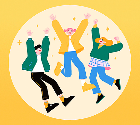 전신 여자 남자 일러스트 응원 함께함 성인 세명 친구 반짝임 청춘 노란색 점프 만세 원형 사회이슈 즐거움 활기 성인만 국내일러스트 AI파일 도형 감정 컬러 컨셉 관계 모션 사람 파일형식 벡터