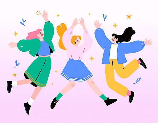 전신 여자 분홍색 일러스트 응원 함께함 성인 세명 친구 반짝임 청춘 점프 만세 사회이슈 즐거움 활기 성인여자만 국내일러스트 AI파일 감정 컬러 컨셉 관계 모션 사람 여자만 성인만 파일형식 벡터