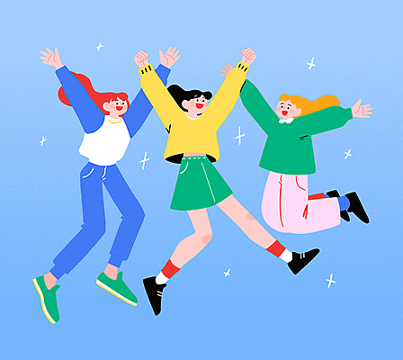 전신 여자 일러스트 응원 함께함 성인 세명 파란색 친구 반짝임 청춘 점프 만세 사회이슈 즐거움 활기 성인여자만 국내일러스트 AI파일 감정 컬러 컨셉 관계 모션 사람 여자만 성인만 파일형식 벡터