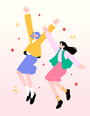 전신 여자 분홍색 일러스트 응원 함께함 성인 두명 친구 반짝임 청춘 점프 만세 사회이슈 즐거움 활기 성인여자만 국내일러스트 AI파일 감정 컬러 컨셉 관계 모션 사람 여자만 성인만 파일형식 벡터