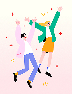전신 여자 남자 분홍색 일러스트 응원 함께함 성인 두명 친구 반짝임 청춘 점프 만세 사회이슈 즐거움 활기 성인만 국내일러스트 AI파일 감정 컬러 컨셉 관계 모션 사람 파일형식 벡터