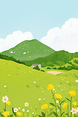 PSD 구름 여행 일러스트 하늘 산 주택 풍경 사람없음 연두색 상쾌 오름 유채밭 국내일러스트 자연요소 감정 밭 건물 초록색 제주도 유채 파일형식