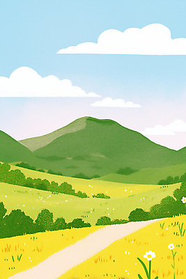 PSD 구름 길 여행 일러스트 하늘 산 풍경 사람없음 연두색 상쾌 오름 유채밭 국내일러스트 자연요소 감정 밭 초록색 제주도 유채 파일형식