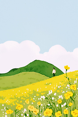 PSD 구름 남자 여행 일러스트 배낭 하늘 산 한명 풍경 성인 연두색 상쾌 오름 유채밭 성인남자한명만 국내일러스트 자연요소 1 감정 밭 가방 사람 초록색 제주도 유채 남자한명만 성인남자만 파일형식