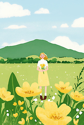 전신 PSD 구름 여자 꽃다발 여행 일러스트 하늘 산 한명 들기 풍경 성인 연두색 상쾌 오름 유채밭 성인여자한명만 국내일러스트 자연요소 1 꽃 감정 밭 모션 사람 초록색 제주도 유채 여자한명만 성인여자만 파일형식