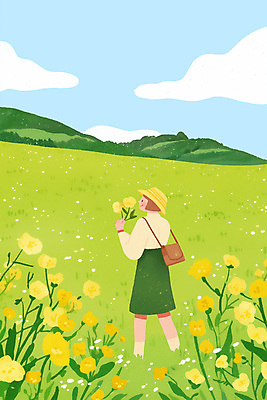 전신 PSD 구름 여자 꽃다발 여행 가방 일러스트 하늘 산 한명 들기 풍경 성인 연두색 상쾌 오름 벙거지모자 유채밭 성인여자한명만 국내일러스트 자연요소 모자_잡화 1 잡화 꽃 감정 밭 모션 사람 초록색 제주도 유채 여자한명만 성인여자만 파일형식