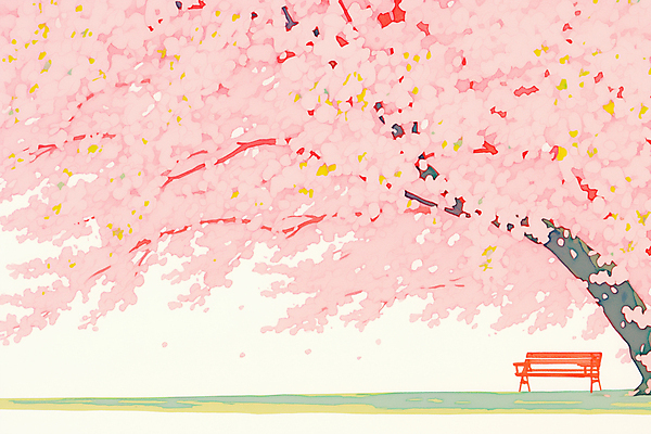 JPG 공원 꽃잎 분홍색 벤치 일러스트 바람 수채화 그림자 사람없음 봄풍경 벚나무 감성 흩날리기 국내일러스트 AI일러스트 AI콘텐츠 자연요소 나무 공공시설 꽃 컬러 컨셉 의자 모션 날씨 풍경 봄 벚꽃 파일형식