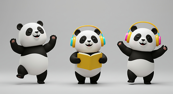 JPG 편집이미지 3D캐릭터 웃음 들기 사람없음 책 3D 손들기 헤드셋 회색 판다 읽기 편집3D AI컴퓨터그래픽 AI콘텐츠 캐릭터 컬러 음향기기 곰 모션 표정 헤드폰 디지털합성 파일형식