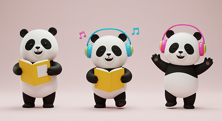 JPG 편집이미지 음표 3D캐릭터 웃음 들기 사람없음 책 3D 손들기 헤드셋 회색 판다 읽기 편집3D AI컴퓨터그래픽 AI콘텐츠 캐릭터 기호 음악 컬러 음향기기 곰 모션 표정 헤드폰 디지털합성 파일형식