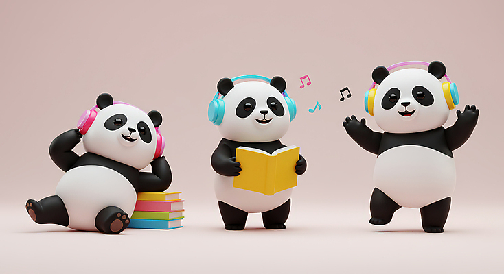 JPG 편집이미지 음표 3D캐릭터 웃음 들기 사람없음 3D 손들기 헤드셋 기댐 회색 판다 읽기 책더미 편집3D AI컴퓨터그래픽 AI콘텐츠 캐릭터 기호 음악 컬러 음향기기 곰 모션 표정 책 헤드폰 디지털합성 무더기 파일형식