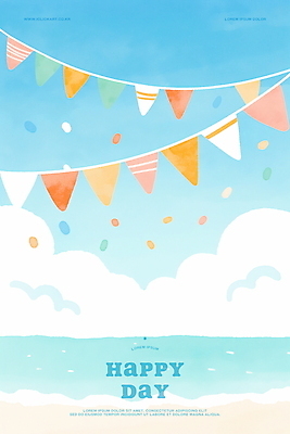 PSD 구름 행복 하늘색 일러스트 하늘 수채화 풍경 이벤트 해변 사람없음 축하 활기 가랜드 국내일러스트 자연요소 감정 바다 컨셉 파란색 파티용품 파일형식