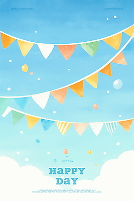 PSD 구름 행복 하늘색 일러스트 하늘 수채화 풍경 이벤트 사람없음 축하 활기 가랜드 국내일러스트 자연요소 감정 컨셉 파란색 파티용품 파일형식