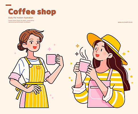 모자 여자 리본 허리손 일러스트 미소 들기 상반신 성인 두명 반짝임 노란색 앞치마 카페 수증기 커피잔 바리스타 성인여자만 일러캐릭터 AI파일 직업 캐릭터 잡화 커피 컬러 포즈 모션 잔 표정 사람 상점 여자만 성인만 파일형식 벡터