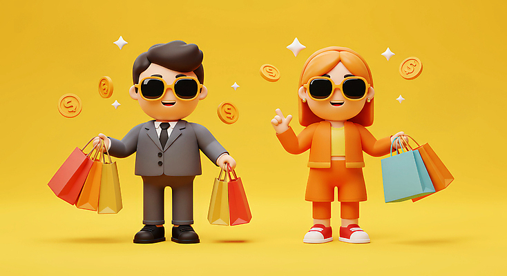JPG 전신 편집이미지 커플 여자 남자 행복 3D캐릭터 들기 성인 두명 반짝임 쇼핑 선글라스 쇼핑백 노란색 3D 손들기 동전 성인만 플렉스 편집3D AI컴퓨터그래픽 AI콘텐츠 캐릭터 감정 안경 컬러 돈 가방 관계 모션 사람 디지털합성 신조어 파일형식