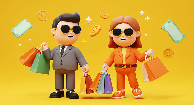 JPG 전신 편집이미지 커플 여자 남자 행복 지폐 3D캐릭터 들기 성인 두명 반짝임 쇼핑 선글라스 쇼핑백 노란색 3D 동전 성인만 플렉스 편집3D AI컴퓨터그래픽 AI콘텐츠 캐릭터 감정 안경 컬러 돈 가방 관계 모션 사람 디지털합성 신조어 파일형식