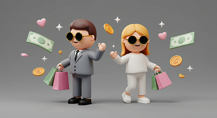 JPG 전신 편집이미지 커플 여자 남자 행복 지폐 3D캐릭터 들기 성인 두명 반짝임 쇼핑 선글라스 쇼핑백 3D 손들기 동전 회색 하트 성인만 플렉스 편집3D AI컴퓨터그래픽 AI콘텐츠 모양 캐릭터 감정 안경 컬러 돈 가방 관계 모션 사람 디지털합성 신조어 파일형식