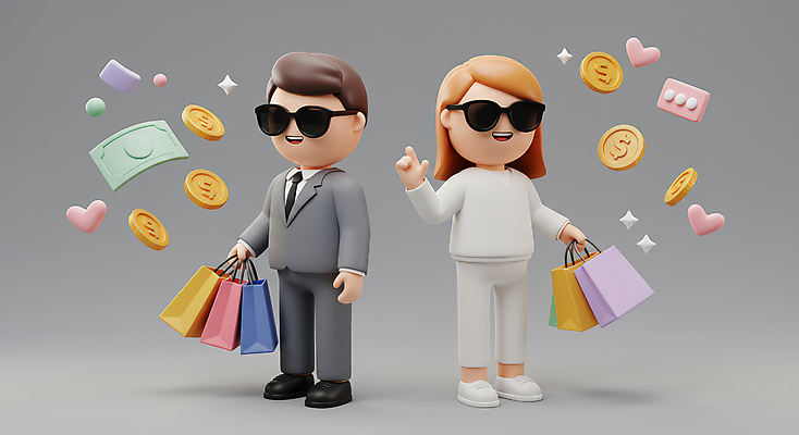 JPG 전신 편집이미지 커플 여자 남자 행복 지폐 3D캐릭터 들기 성인 두명 반짝임 쇼핑 선글라스 쇼핑백 3D 손들기 동전 회색 하트 성인만 플렉스 편집3D AI컴퓨터그래픽 AI콘텐츠 모양 캐릭터 감정 안경 컬러 돈 가방 관계 모션 사람 디지털합성 신조어 파일형식