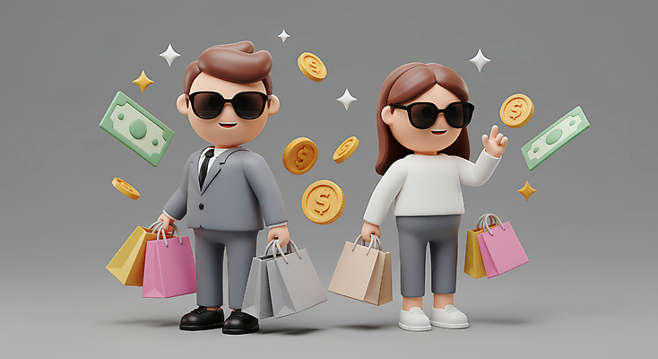JPG 전신 편집이미지 커플 여자 남자 행복 지폐 3D캐릭터 들기 성인 두명 반짝임 쇼핑 선글라스 쇼핑백 3D 손들기 동전 회색 성인만 플렉스 편집3D AI컴퓨터그래픽 AI콘텐츠 캐릭터 감정 안경 컬러 돈 가방 관계 모션 사람 디지털합성 신조어 파일형식