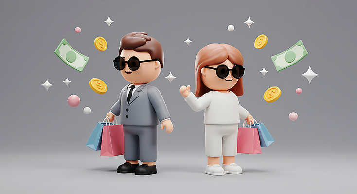 JPG 전신 편집이미지 커플 여자 남자 행복 지폐 3D캐릭터 들기 성인 두명 반짝임 쇼핑 선글라스 쇼핑백 3D 손들기 동전 회색 성인만 플렉스 편집3D AI컴퓨터그래픽 AI콘텐츠 캐릭터 감정 안경 컬러 돈 가방 관계 모션 사람 디지털합성 신조어 파일형식