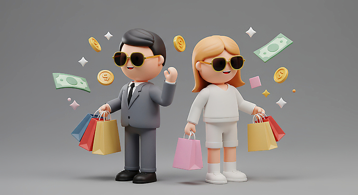 JPG 전신 편집이미지 커플 여자 남자 행복 지폐 3D캐릭터 들기 성인 두명 반짝임 쇼핑 선글라스 쇼핑백 3D 손들기 동전 회색 성인만 플렉스 편집3D AI컴퓨터그래픽 AI콘텐츠 캐릭터 감정 안경 컬러 돈 가방 관계 모션 사람 디지털합성 신조어 파일형식