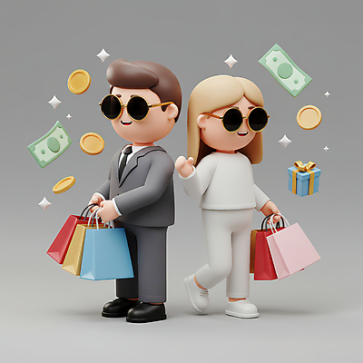 JPG 전신 편집이미지 커플 여자 남자 행복 지폐 3D캐릭터 들기 성인 두명 선물상자 반짝임 쇼핑 선글라스 쇼핑백 3D 손들기 동전 회색 성인만 플렉스 편집3D AI컴퓨터그래픽 AI콘텐츠 캐릭터 감정 안경 컬러 돈 가방 관계 모션 선물 사람 상자 디지털합성 신조어 파일형식