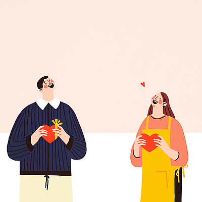 JPG 여자 남자 행복 일러스트 선물 사랑 미소 들기 상반신 성인 두명 마주보기 하트 성인만 국내일러스트 AI일러스트 AI콘텐츠 모양 감정 모션 표정 사람 파일형식