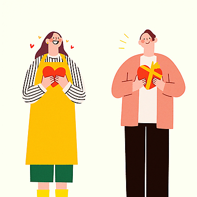 JPG 여자 남자 행복 일러스트 선물 사랑 미소 들기 성인 두명 하트 성인만 국내일러스트 AI일러스트 AI콘텐츠 모양 감정 모션 표정 사람 파일형식