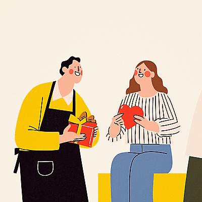 JPG 여자 남자 행복 일러스트 사랑 미소 들기 앉기 상반신 성인 두명 선물상자 하트 성인만 국내일러스트 AI일러스트 AI콘텐츠 모양 감정 모션 표정 선물 사람 상자 파일형식