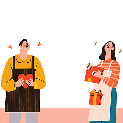 JPG 여자 남자 행복 일러스트 사랑 미소 들기 상반신 성인 두명 선물상자 마주보기 하트 성인만 국내일러스트 AI일러스트 AI콘텐츠 모양 감정 모션 표정 선물 사람 상자 파일형식