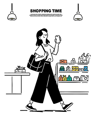 전신 여자 가방 일러스트 조명 한명 웃음 들기 성인 스마트폰 쇼핑 걷기 흰색 진열장 심플 성인여자한명만 국내일러스트 AI파일 1 잡화 컬러 모션 표정 사람 핸드폰 스마트기기 여자한명만 성인여자만 파일형식 벡터