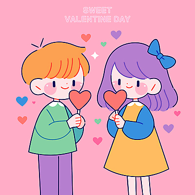 커플 여자 남자 어린이 분홍색 데이트 일러스트 발렌타인데이 막대사탕 사랑 웃음 들기 소녀 소년 두명 하트 어린이만 국내일러스트 AI파일 모양 감정 컬러 관계 모션 데이이벤트 표정 사탕 사람 파일형식 벡터