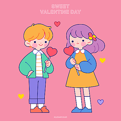 전신 커플 여자 남자 어린이 분홍색 데이트 일러스트 발렌타인데이 막대사탕 사랑 웃음 들기 소녀 소년 두명 하트 주머니손 어린이만 국내일러스트 AI파일 모양 감정 컬러 관계 모션 데이이벤트 표정 사탕 사람 파일형식 벡터