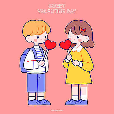 전신 커플 여자 남자 어린이 분홍색 데이트 일러스트 책가방 발렌타인데이 막대사탕 사랑 윙크 웃음 들기 소녀 소년 두명 하트 다홍색 어린이만 국내일러스트 AI파일 모양 감정 컬러 가방 관계 모션 데이이벤트 표정 사탕 사람 파일형식 벡터