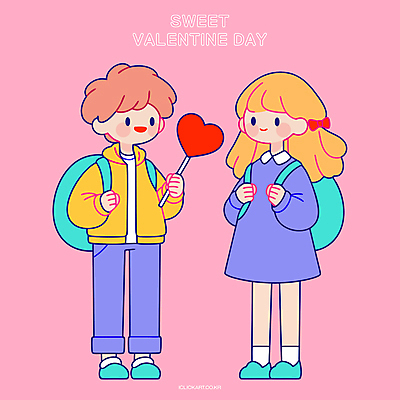 전신 커플 여자 남자 어린이 분홍색 데이트 일러스트 책가방 발렌타인데이 막대사탕 사랑 웃음 들기 소녀 소년 두명 하트 어린이만 국내일러스트 AI파일 모양 감정 컬러 가방 관계 모션 데이이벤트 표정 사탕 사람 파일형식 벡터