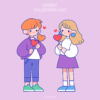 전신 커플 여자 남자 어린이 분홍색 데이트 일러스트 발렌타인데이 막대사탕 사랑 웃음 들기 소녀 소년 두명 보라색 하트 어린이만 국내일러스트 AI파일 모양 감정 컬러 관계 모션 데이이벤트 표정 사탕 사람 파일형식 벡터
