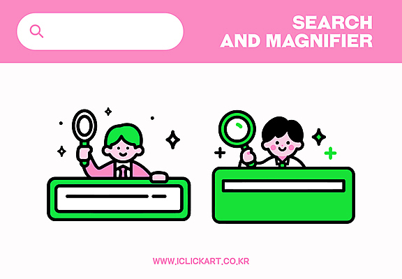 남자 분홍색 인터넷 일러스트 돋보기 미소 들기 상반신 성인 두명 연두색 반짝임 웹 검색 성인남자만 국내일러스트 AI파일 컬러 모션 표정 사람 초록색 남자만 성인만 파일형식 벡터