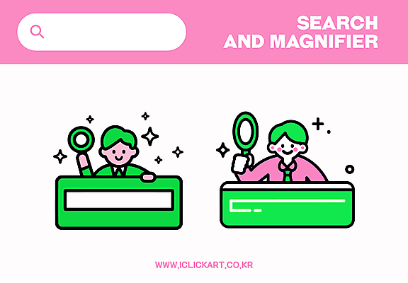 남자 분홍색 인터넷 일러스트 돋보기 미소 들기 상반신 성인 두명 연두색 반짝임 웹 검색 성인남자만 국내일러스트 AI파일 컬러 모션 표정 사람 초록색 남자만 성인만 파일형식 벡터