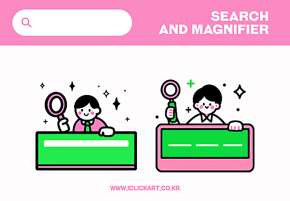 남자 분홍색 인터넷 일러스트 돋보기 미소 들기 상반신 성인 두명 연두색 반짝임 웹 검색 성인남자만 국내일러스트 AI파일 컬러 모션 표정 사람 초록색 남자만 성인만 파일형식 벡터