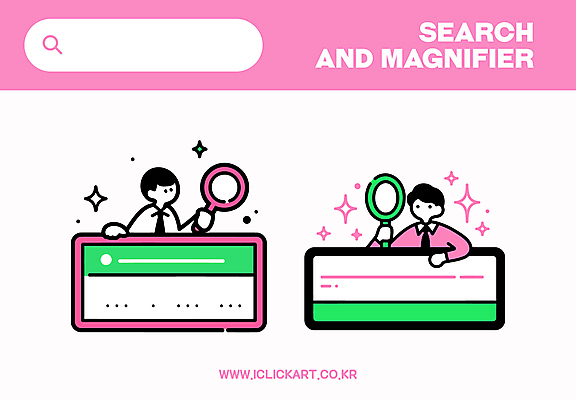 남자 분홍색 인터넷 일러스트 돋보기 들기 상반신 성인 두명 반짝임 웹 검색 성인남자만 국내일러스트 AI파일 컬러 모션 사람 남자만 성인만 파일형식 벡터