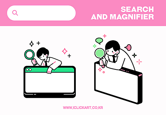 남자 분홍색 말풍선 인터넷 일러스트 돋보기 들기 상반신 성인 두명 반짝임 웹 검색 성인남자만 국내일러스트 AI파일 컬러 모션 사람 남자만 성인만 파일형식 벡터