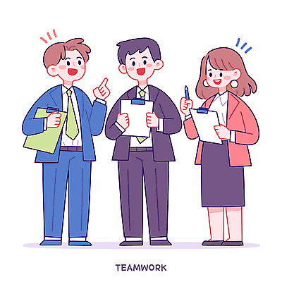 전신 여자 남자 일러스트 회의 협력 아이디어 대화 미소 정장 성인 세명 펜 문서 공유 서류판 성인만 국내일러스트 AI파일 옷 컨셉 비즈니스 표정 말하기 사람 필기구 사무용품 파일형식 벡터