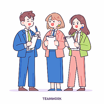 전신 여자 남자 일러스트 회의 협력 아이디어 대화 미소 정장 성인 세명 펜 문서 공유 서류판 성인만 국내일러스트 AI파일 옷 컨셉 비즈니스 표정 말하기 사람 필기구 사무용품 파일형식 벡터