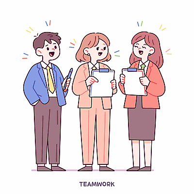 전신 여자 남자 일러스트 회의 협력 아이디어 대화 미소 정장 성인 세명 펜 문서 공유 서류판 성인만 국내일러스트 AI파일 옷 컨셉 비즈니스 표정 말하기 사람 필기구 사무용품 파일형식 벡터