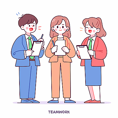 전신 여자 남자 일러스트 회의 협력 아이디어 대화 미소 정장 성인 세명 펜 문서 공유 서류판 성인만 국내일러스트 AI파일 옷 컨셉 비즈니스 표정 말하기 사람 필기구 사무용품 파일형식 벡터