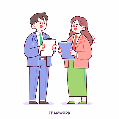 전신 여자 남자 일러스트 회의 협력 아이디어 대화 미소 정장 성인 두명 문서 공유 서류판 성인만 국내일러스트 AI파일 옷 컨셉 비즈니스 표정 말하기 사람 사무용품 파일형식 벡터