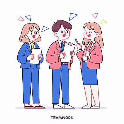 전신 여자 남자 일러스트 회의 협력 아이디어 대화 미소 정장 성인 세명 펜 문서 공유 서류판 성인만 국내일러스트 AI파일 옷 컨셉 비즈니스 표정 말하기 사람 필기구 사무용품 파일형식 벡터