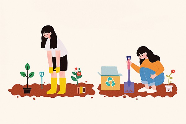 JPG 나무 여자 일러스트 청소년 자연 숙이기 두명 상자 새싹 자연보호 환경 그린캠페인 흙 재활용 삽 식목일 친환경 나무심기 웅크림 심기 십대여자만 국내일러스트 AI일러스트 AI콘텐츠 식물 기념일 캠페인 포즈 모션 사람 보호 생태계 여자만 십대만 파일형식
